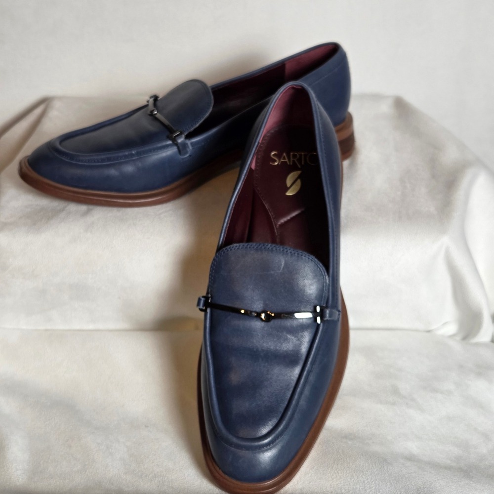 Franco Sarto Navy Blue Womens 8M Leather Loafers Horsebit Preppy Academia - Picture 2 of 9